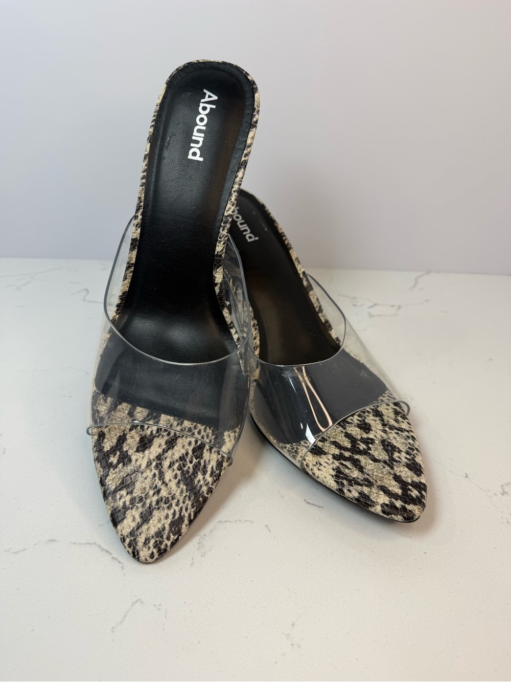 Abound Clear Strap Pointed Mules with Black and Beige Snake Print
